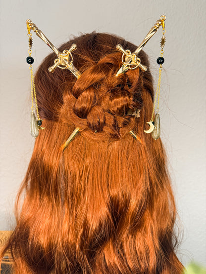 Schwert Haarnadeln mit Obsidian, Turmalin & Labradorit | Gold & Silber