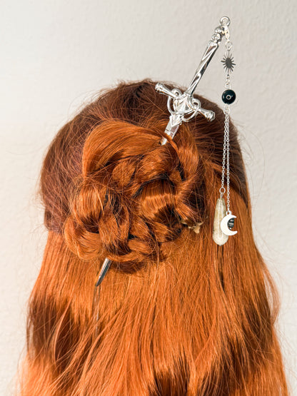 Schwert Haarnadeln mit Obsidian, Turmalin & Labradorit | Gold & Silber