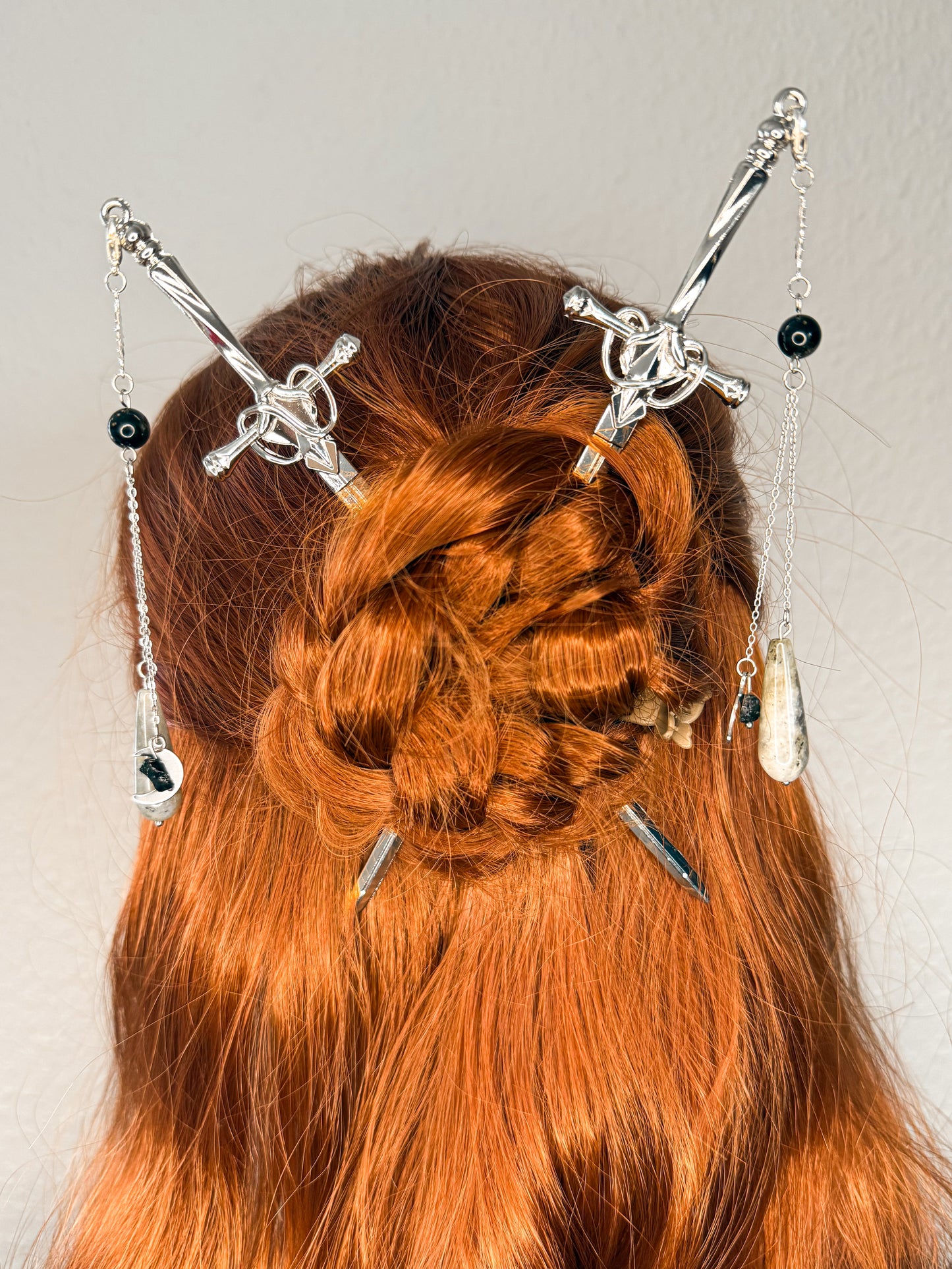 Schwert Haarnadeln mit Obsidian, Turmalin & Labradorit | Gold & Silber