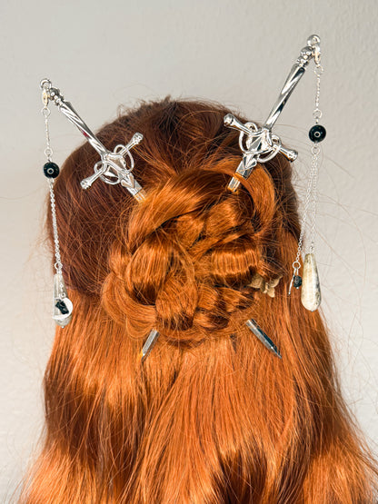 Schwert Haarnadeln mit Obsidian, Turmalin & Labradorit | Gold & Silber