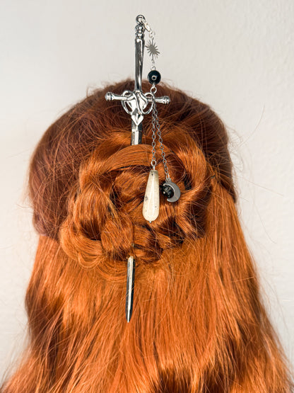 Schwert Haarnadeln mit Obsidian, Turmalin & Labradorit | Gold & Silber