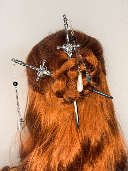 Schwert Haarnadeln mit Obsidian, Turmalin & Labradorit | Gold & Silber