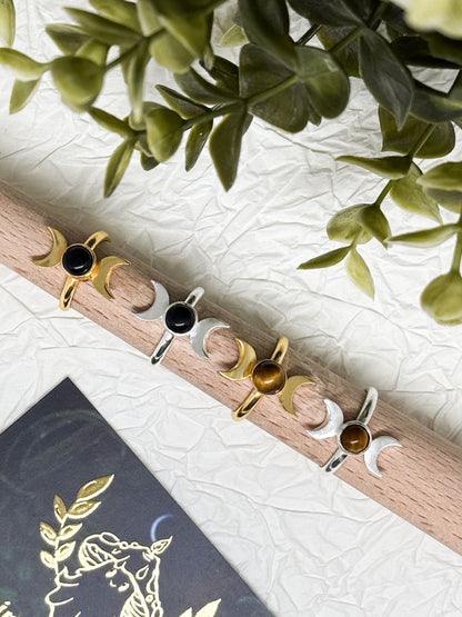 Wicca Mondphasen Ring - Obsidian & Tigerauge  | Größenverstellbar