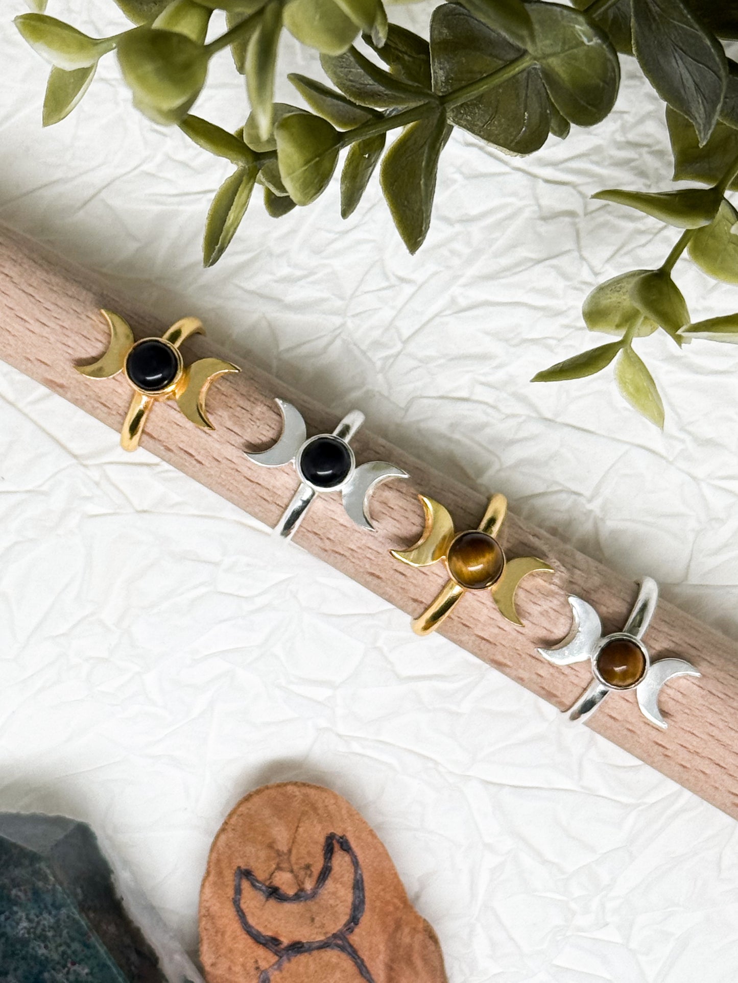 Wicca Mondphasen Ring - Obsidian & Tigerauge  | Größenverstellbar