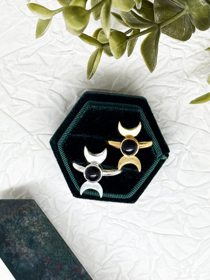 Wicca Mondphasen Ring - Obsidian & Tigerauge  | Größenverstellbar