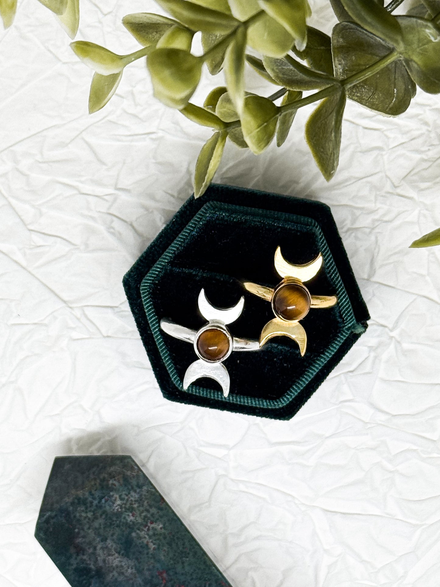 Wicca Mondphasen Ring - Obsidian & Tigerauge  | Größenverstellbar