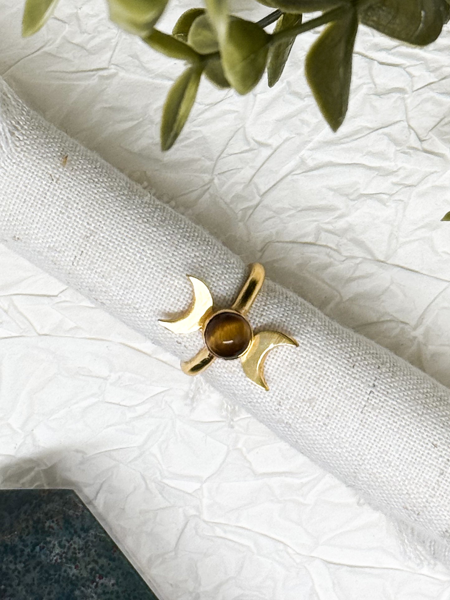 Wicca Mondphasen Ring - Obsidian & Tigerauge  | Größenverstellbar