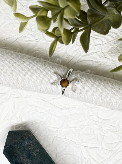 Wicca Mondphasen Ring - Obsidian & Tigerauge  | Größenverstellbar