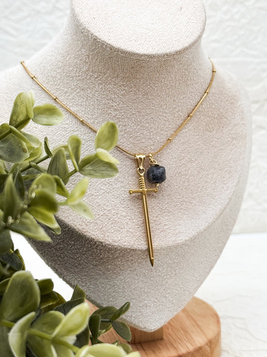Schwert Kette mit schwarzem Labradorit | Gold und Silber | Edelstahl