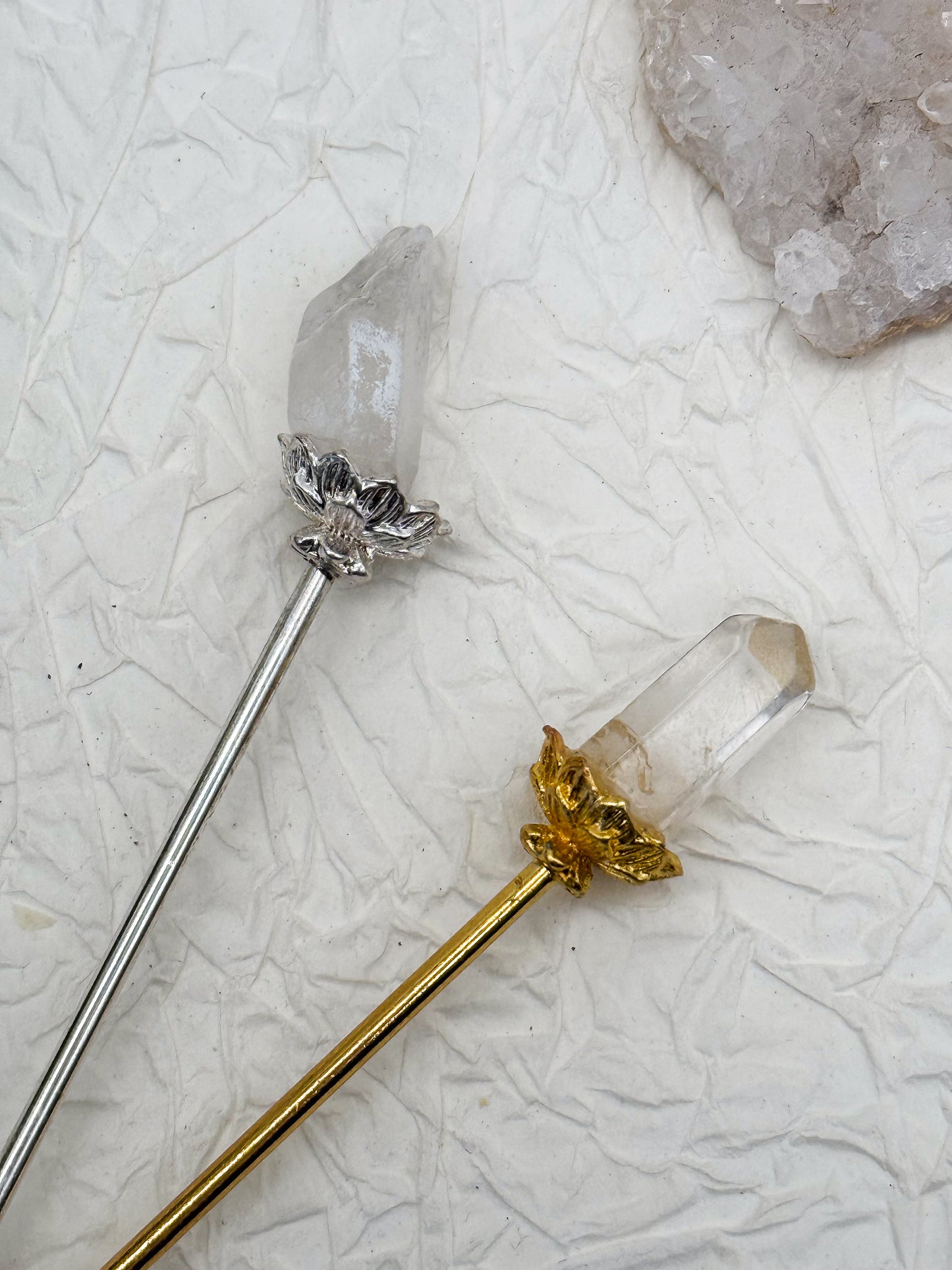 Haarnadeln mit Amethyst & Bergkristall| Gold und Silber