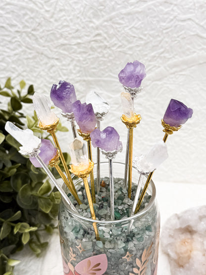 Haarnadeln mit Amethyst & Bergkristall| Gold und Silber