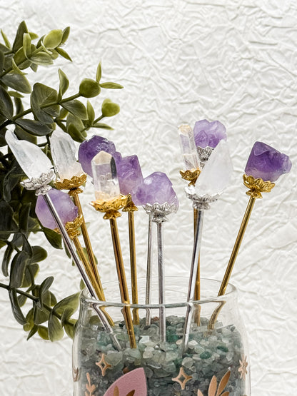 Haarnadeln mit Amethyst & Bergkristall| Gold und Silber