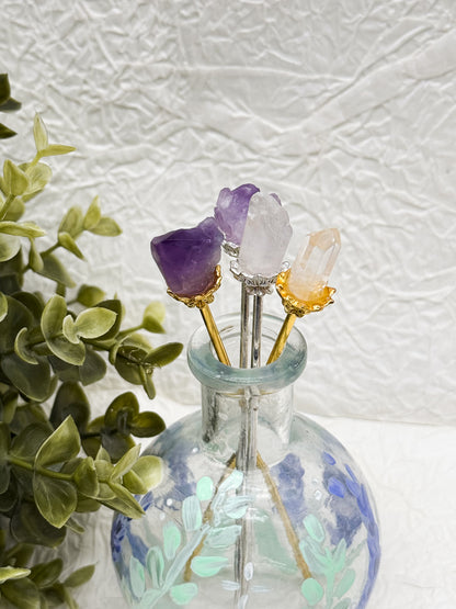 Haarnadeln mit Amethyst & Bergkristall| Gold und Silber