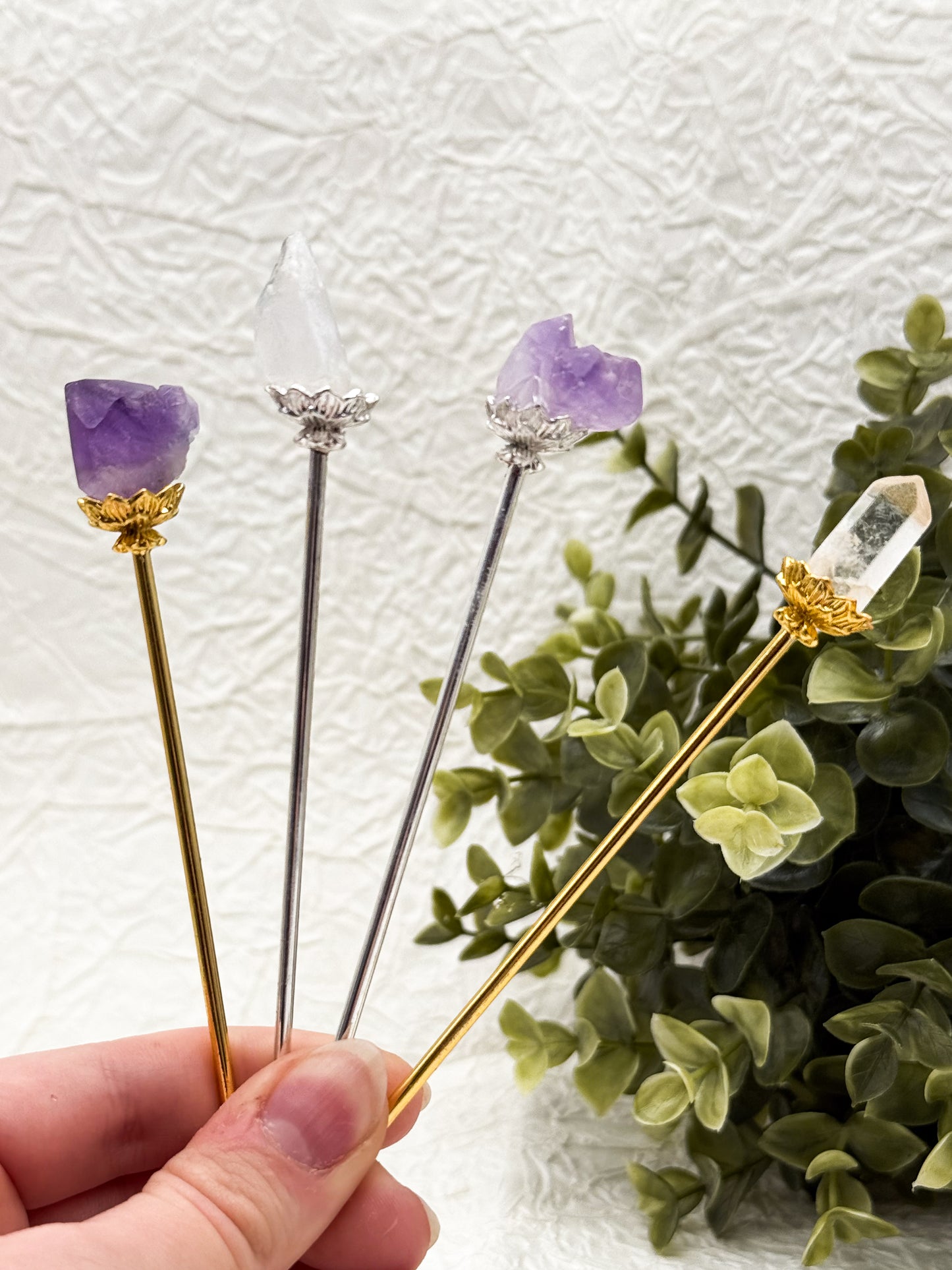 Haarnadeln mit Amethyst & Bergkristall| Gold und Silber