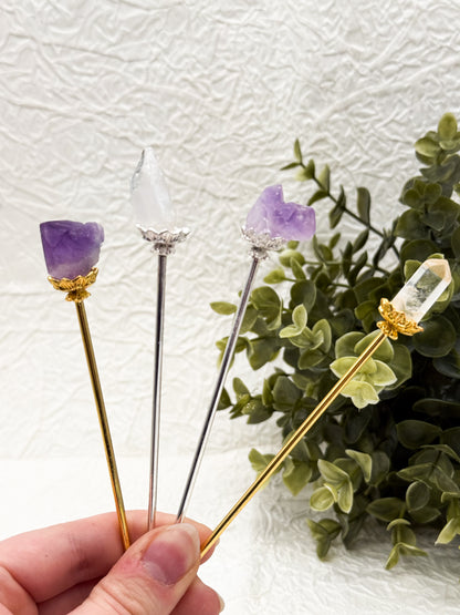 Haarnadeln mit Amethyst & Bergkristall| Gold und Silber