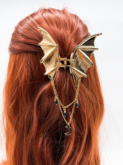 Fledermaus Haarklammer mit Obsidian | Gold & Silber