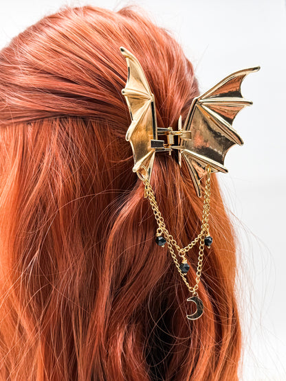 Fledermaus Haarklammer mit Obsidian | Gold & Silber