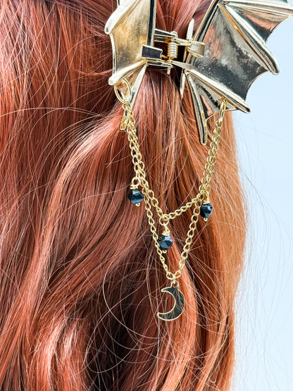 Fledermaus Haarklammer mit Obsidian | Gold & Silber