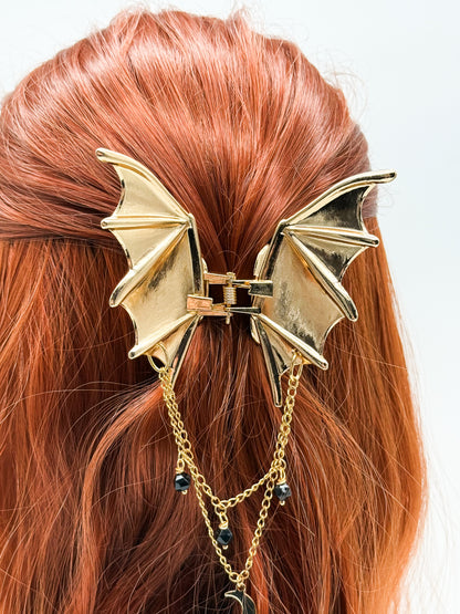 Fledermaus Haarklammer mit Obsidian | Gold & Silber