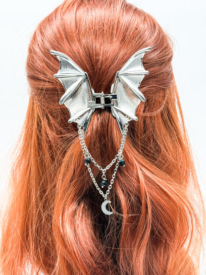 Fledermaus Haarklammer mit Obsidian | Gold & Silber