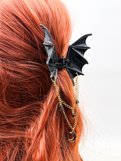 Fledermaus Haarklammer mit Obsidian | Gold & Silber