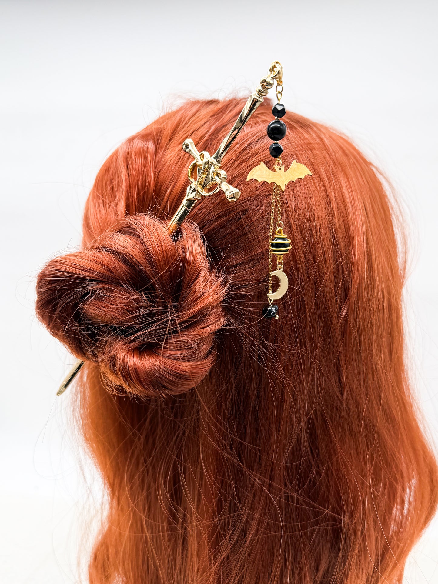 Schwert Haarnadeln Fledermaus-Style mit Obsidian | Gold & Silber