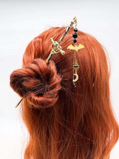 Schwert Haarnadeln Fledermaus-Style mit Obsidian | Gold & Silber