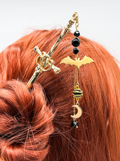 Schwert Haarnadeln Fledermaus-Style mit Obsidian | Gold & Silber