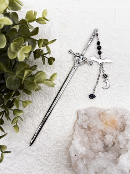 Schwert Haarnadeln Fledermaus-Style mit Obsidian | Gold & Silber