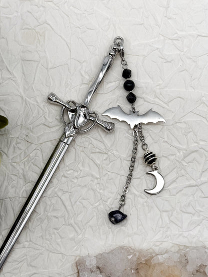 Schwert Haarnadeln Fledermaus-Style mit Obsidian | Gold & Silber