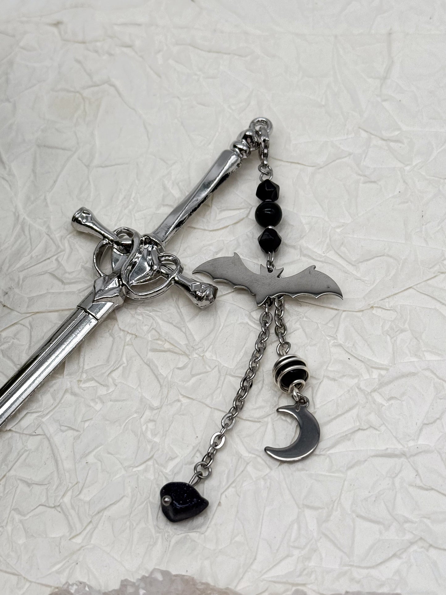 Schwert Haarnadeln Fledermaus-Style mit Obsidian | Gold & Silber