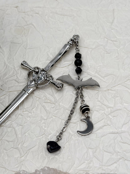 Schwert Haarnadeln Fledermaus-Style mit Obsidian | Gold & Silber