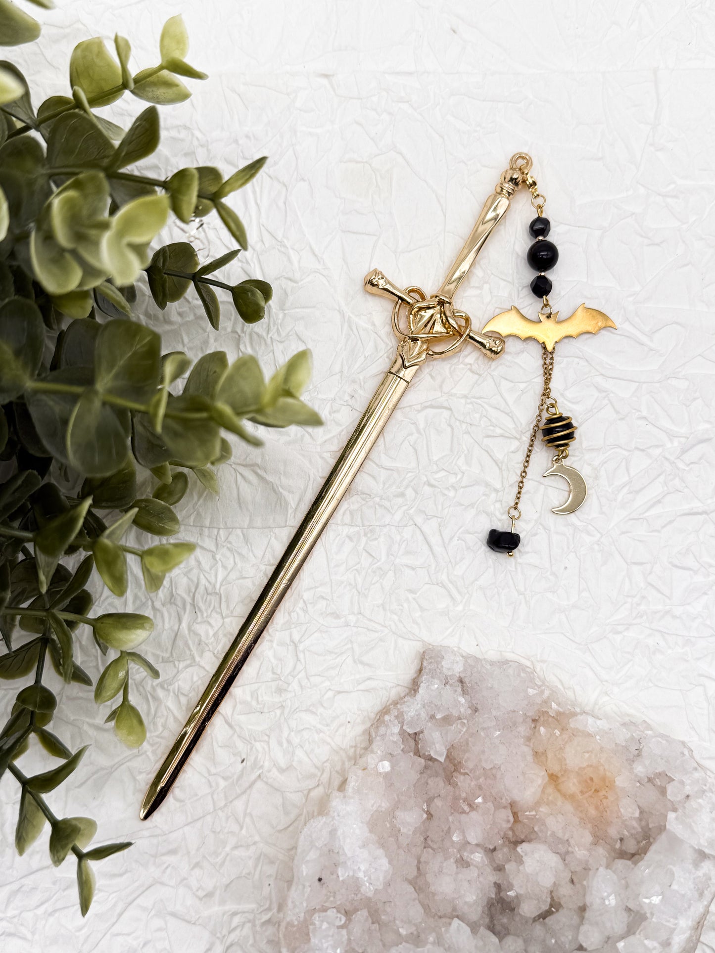 Schwert Haarnadeln Fledermaus-Style mit Obsidian | Gold & Silber