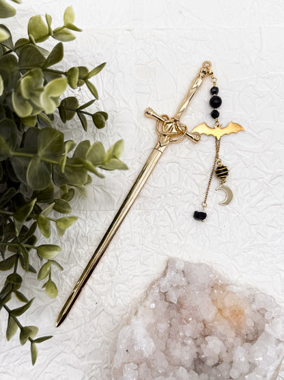 Schwert Haarnadeln Fledermaus-Style mit Obsidian | Gold & Silber