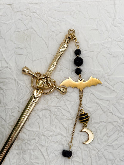 Schwert Haarnadeln Fledermaus-Style mit Obsidian | Gold & Silber