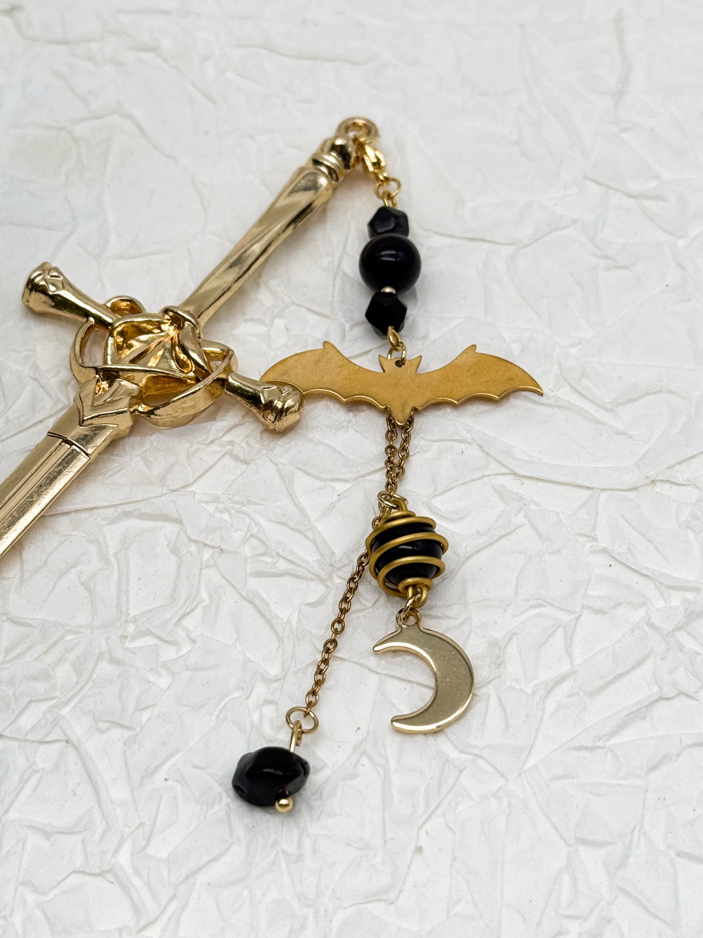 Schwert Haarnadeln Fledermaus-Style mit Obsidian | Gold & Silber