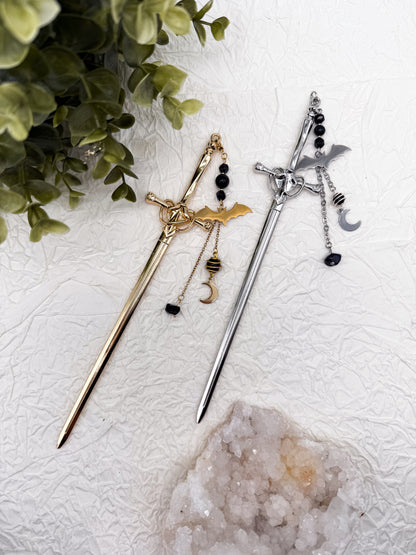 Schwert Haarnadeln Fledermaus-Style mit Obsidian | Gold & Silber