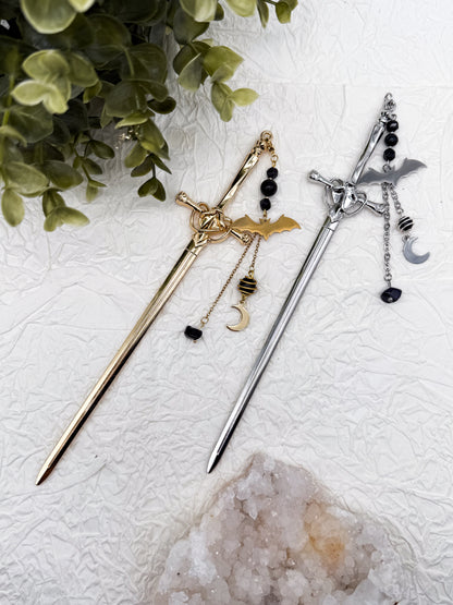 Schwert Haarnadeln Fledermaus-Style mit Obsidian | Gold & Silber