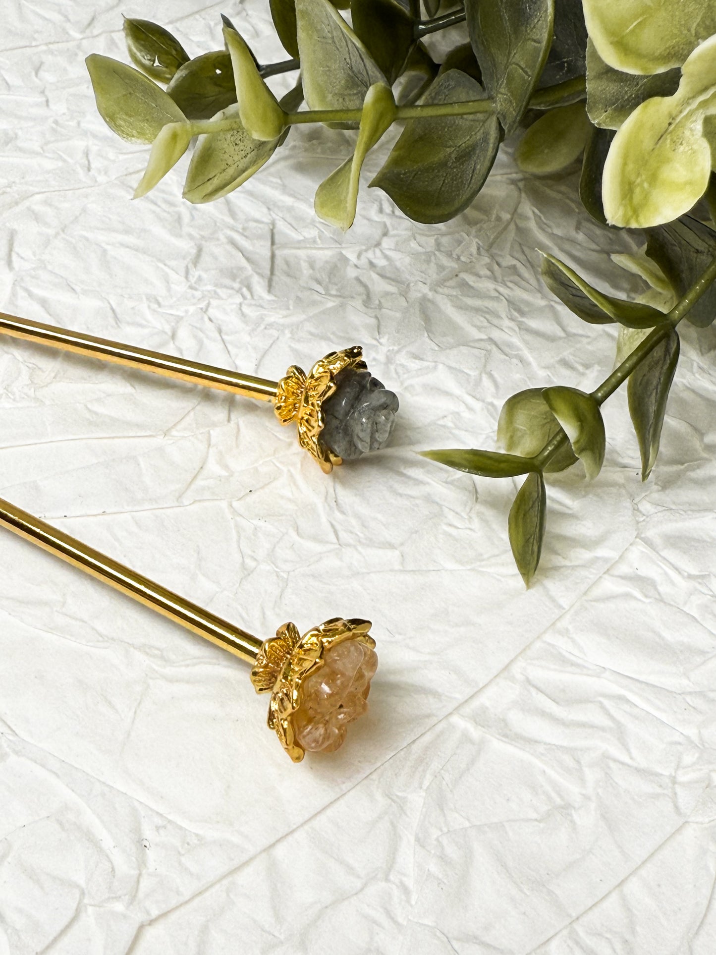 Haarnadeln mit Labradorit & Citrin Rosen | Gold