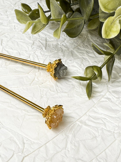 Haarnadeln mit Labradorit & Citrin Rosen | Gold