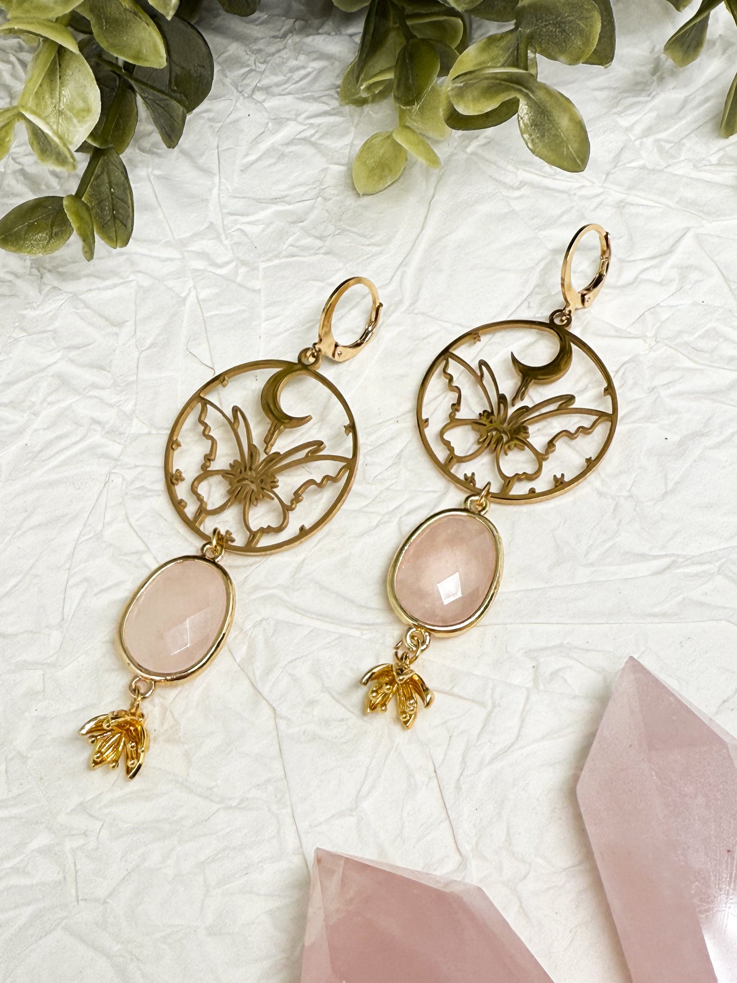 Butterfly of love Ohrringe mit Rosenquarz l Gold & Silber | Edelstahl