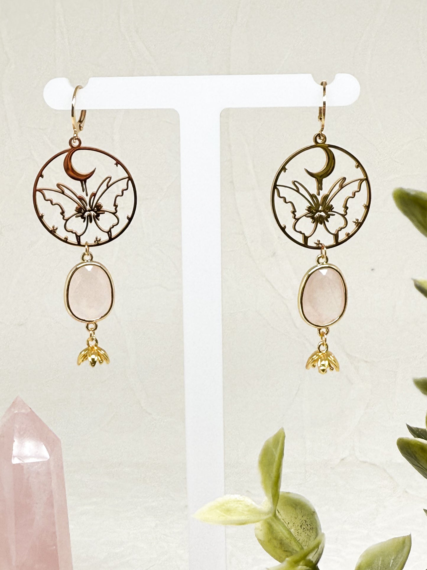 Butterfly of love Ohrringe mit Rosenquarz l Gold & Silber | Edelstahl