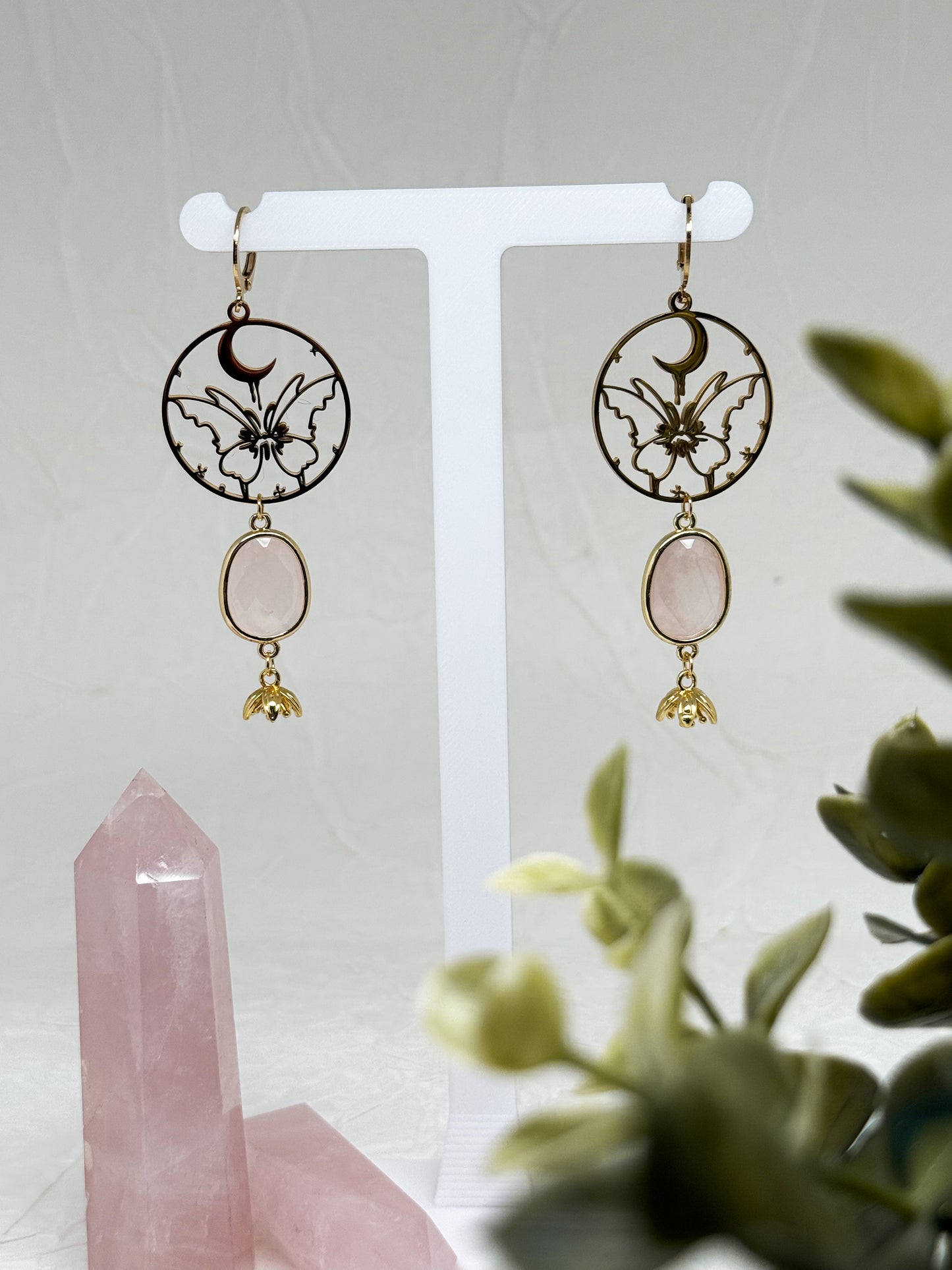 Butterfly of love Ohrringe mit Rosenquarz l Gold & Silber | Edelstahl