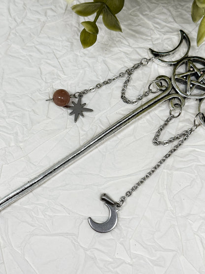 Wicca Haarnadeln mit Sonnenstein | Gold & Silber