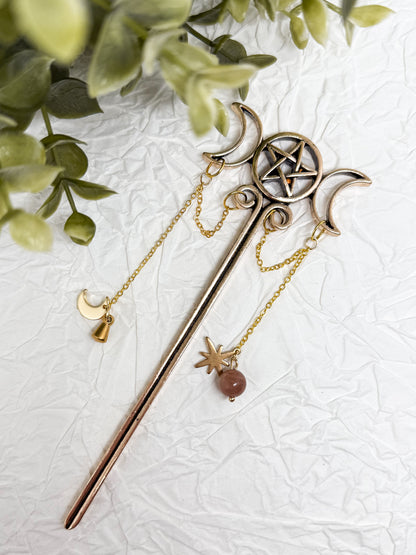 Wicca Haarnadeln mit Sonnenstein | Gold & Silber