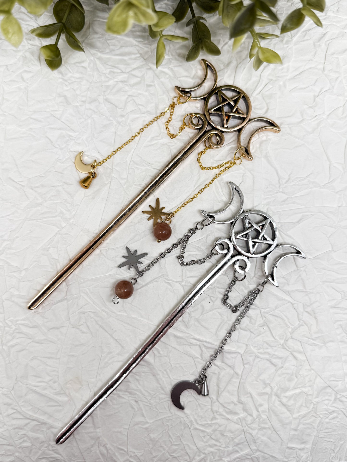 Wicca Haarnadeln mit Sonnenstein | Gold & Silber