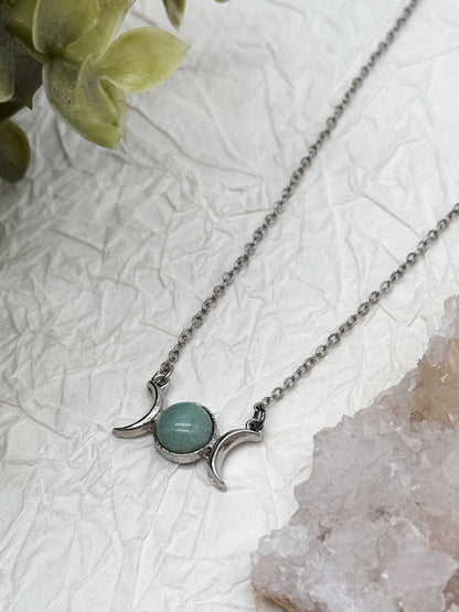 Mondphasen Wicca Kette | Bergkristall, Amethyst & Aventurin | Gold & Silber | Edelstahl