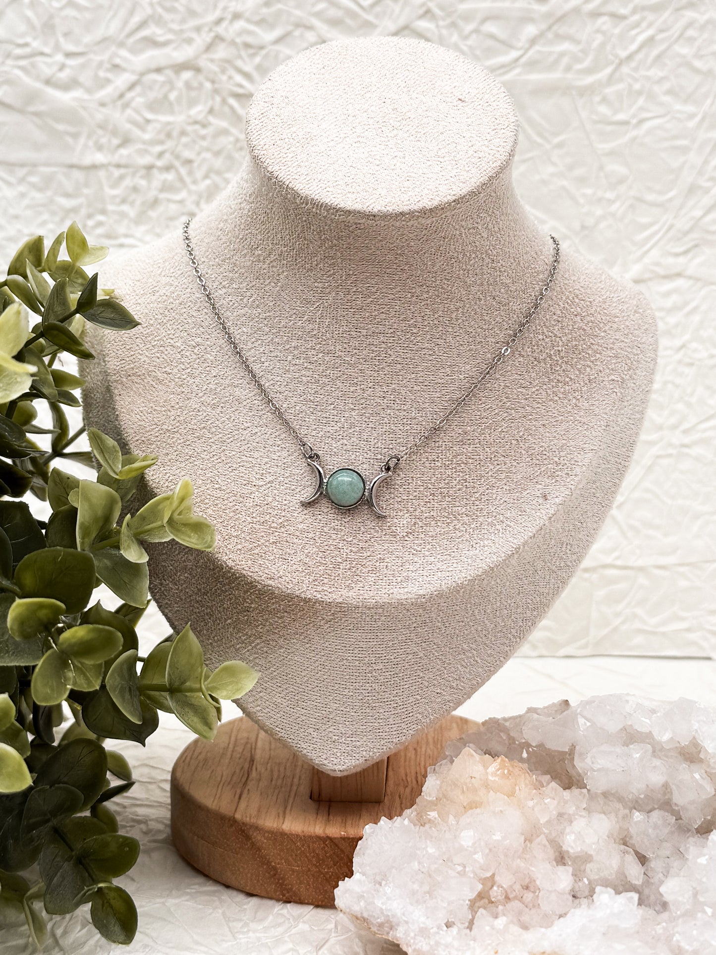 Mondphasen Wicca Kette | Bergkristall, Amethyst & Aventurin | Gold & Silber | Edelstahl