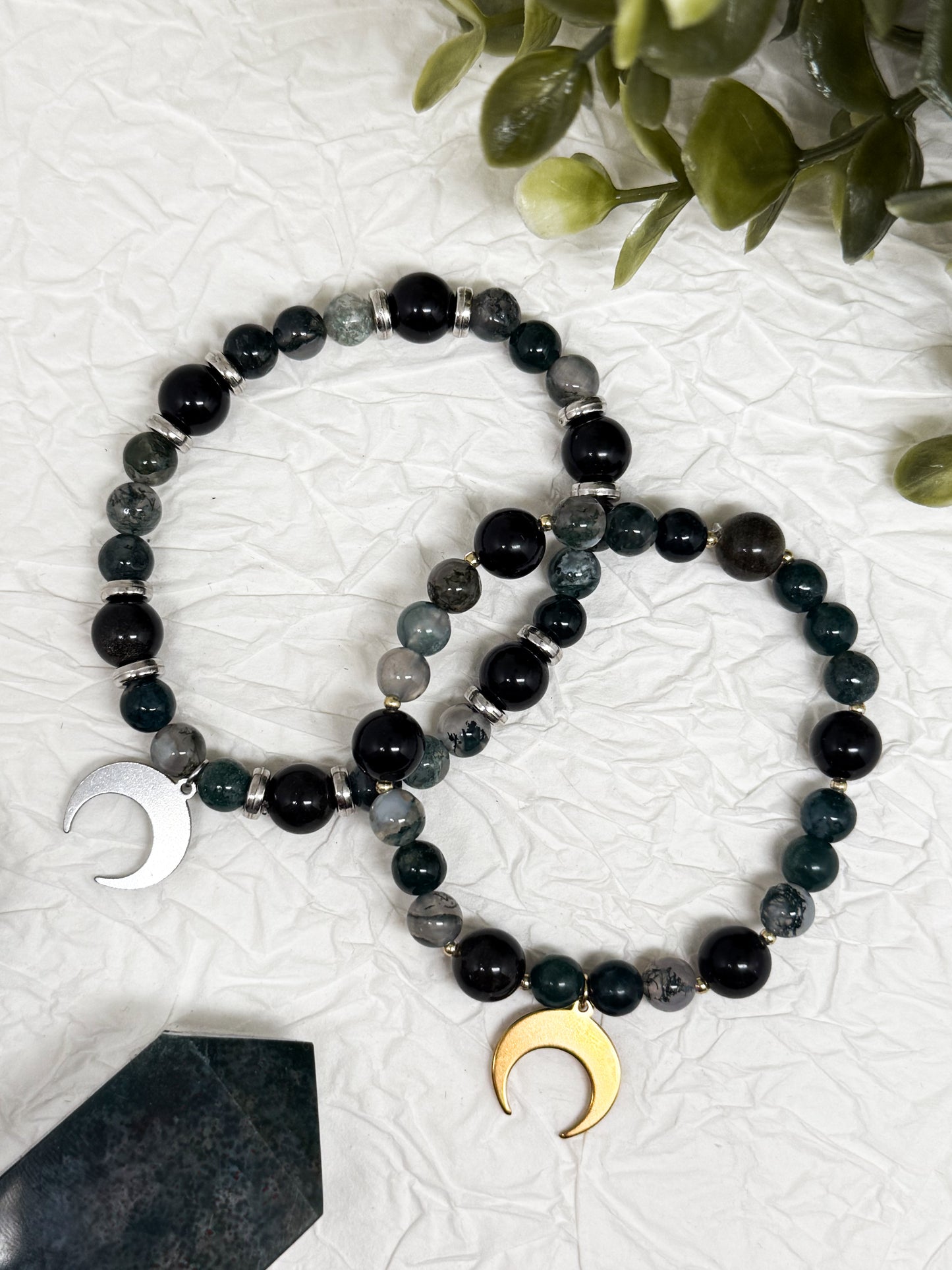 Armband "Nocturnis" | Moosachat - Obsidian | Silber & Gold | Edelstahl