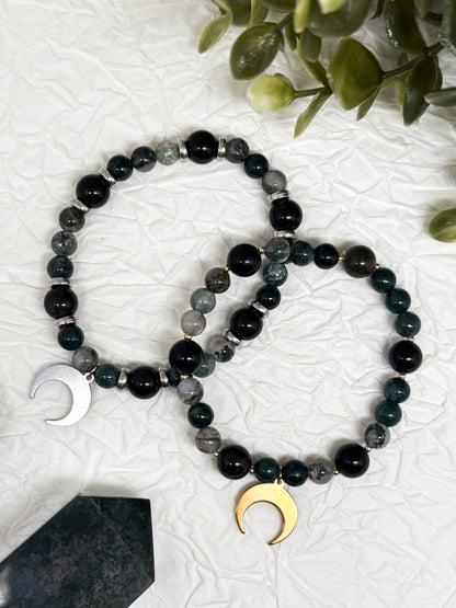 Armband "Nocturnis" | Moosachat - Obsidian | Silber & Gold | Edelstahl